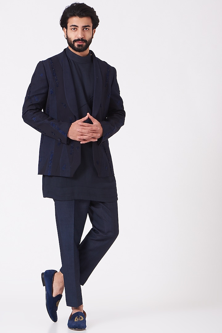 Midnight Blue Kurta Set With Jacket by Jatin Malik at Pernia's Pop Up Shop