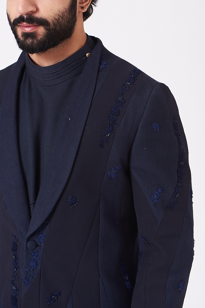Midnight Blue Kurta Set With Jacket by Jatin Malik at Pernia's Pop Up Shop