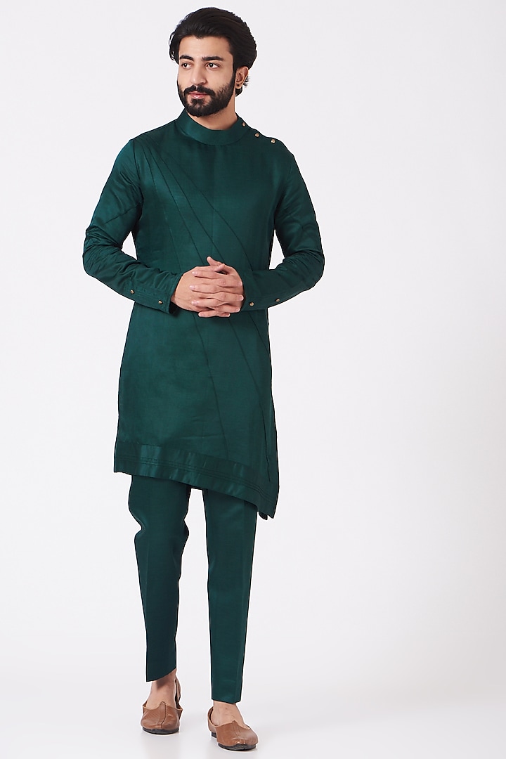 Teal Green Pintuck Kurta Set by Jatin Malik