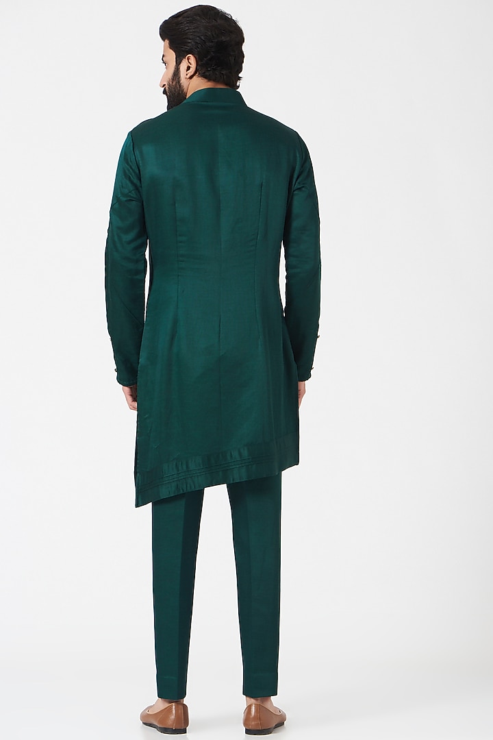 Teal Green Linen Silk Asymmetric Kurta Set by Jatin Malik at Pernia's Pop Up Shop