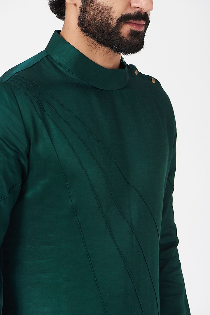 Teal Green Linen Silk Asymmetric Kurta Set by Jatin Malik at Pernia's Pop Up Shop