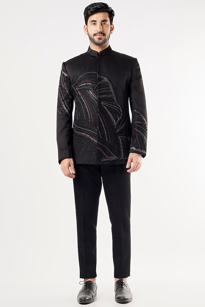 Black Embroidered Wedding Bandhgala Jacket Set by Jatin Malik at Pernia's Pop Up Shop