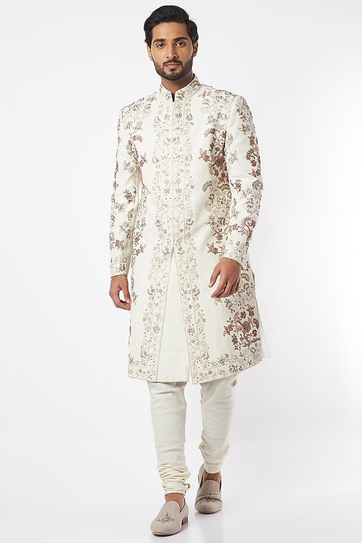 Dirty Ivory Hand Embroidered Groom Sherwani by Jatin Malik at Pernia's Pop Up Shop
