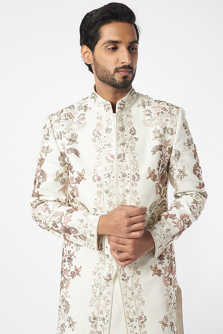 Dirty Ivory Hand Embroidered Groom Sherwani by Jatin Malik at Pernia's Pop Up Shop