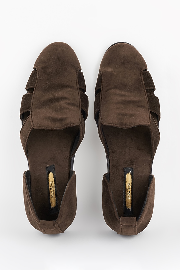 Brown Suede Close Toe Shoes by Jatin Malik at Pernia's Pop Up Shop