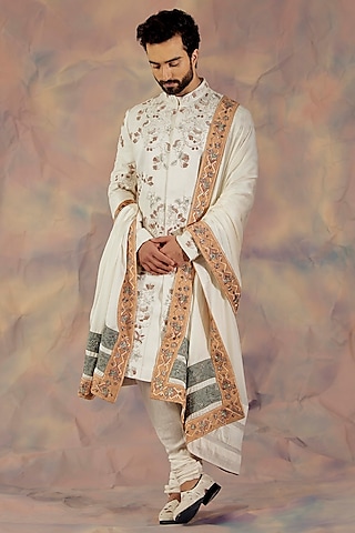 White Hand Embroidered Sherwani Set by Jatin Malik