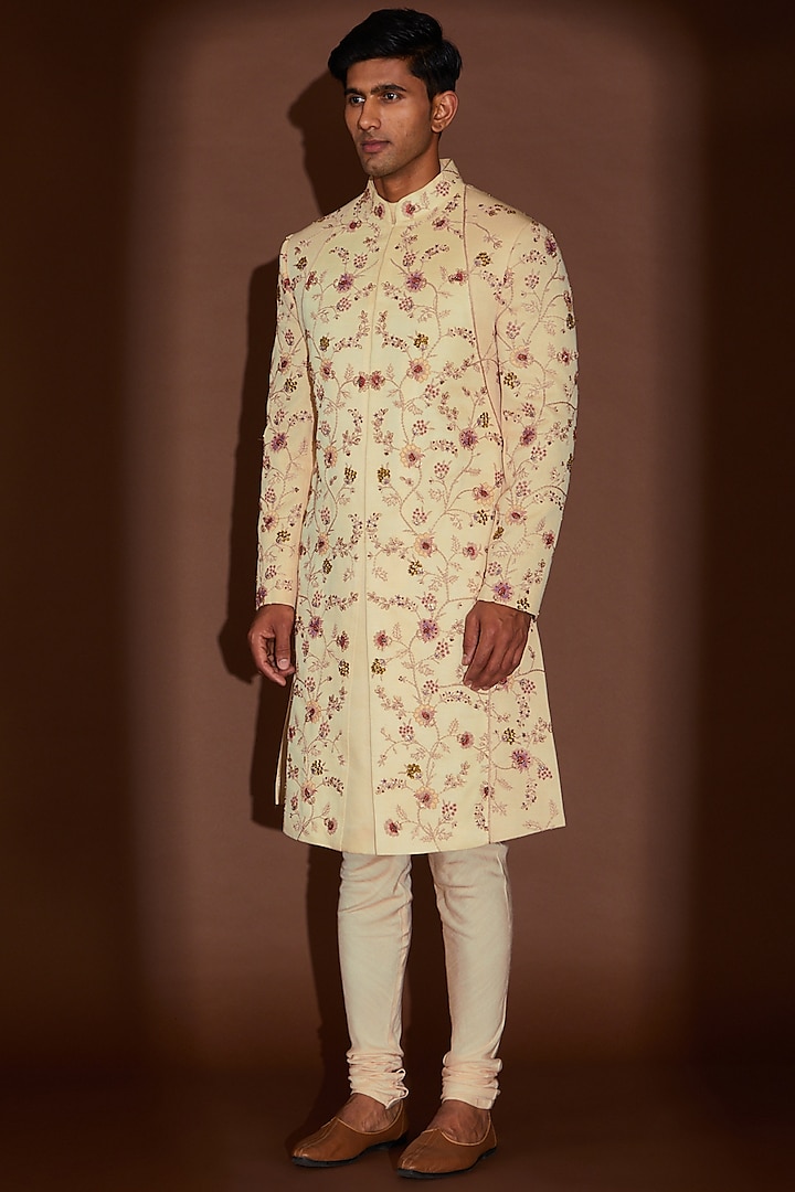 Beige Linen Silk Embroidered Sherwani Set by Jatin Malik