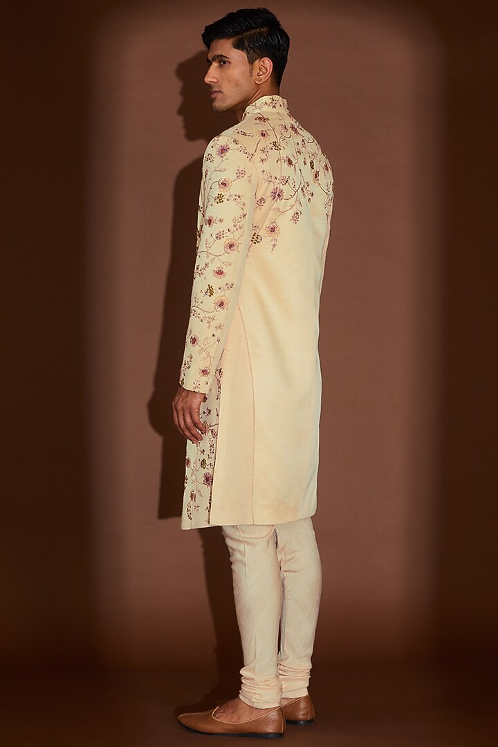 Beige Linen Silk Embroidered Groom Sherwani Set by Jatin Malik at Pernia's Pop Up Shop