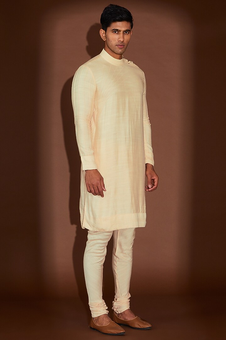 Beige Linen Silk Embroidered Groom Sherwani Set by Jatin Malik at Pernia's Pop Up Shop