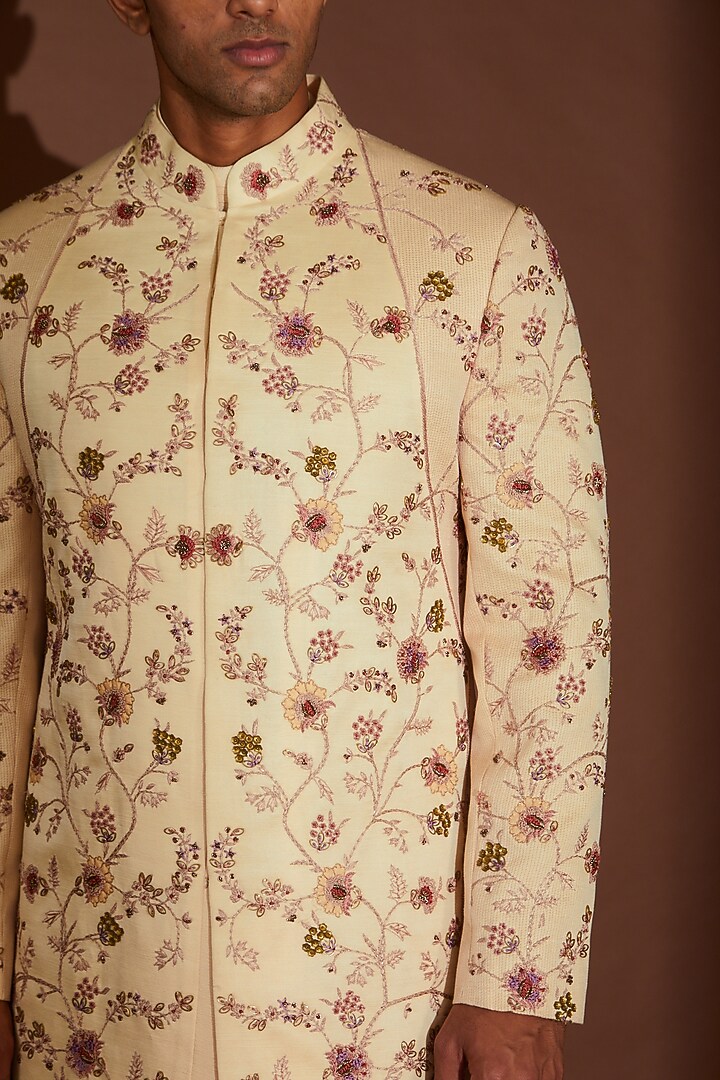 Beige Linen Silk Embroidered Groom Sherwani Set by Jatin Malik at Pernia's Pop Up Shop