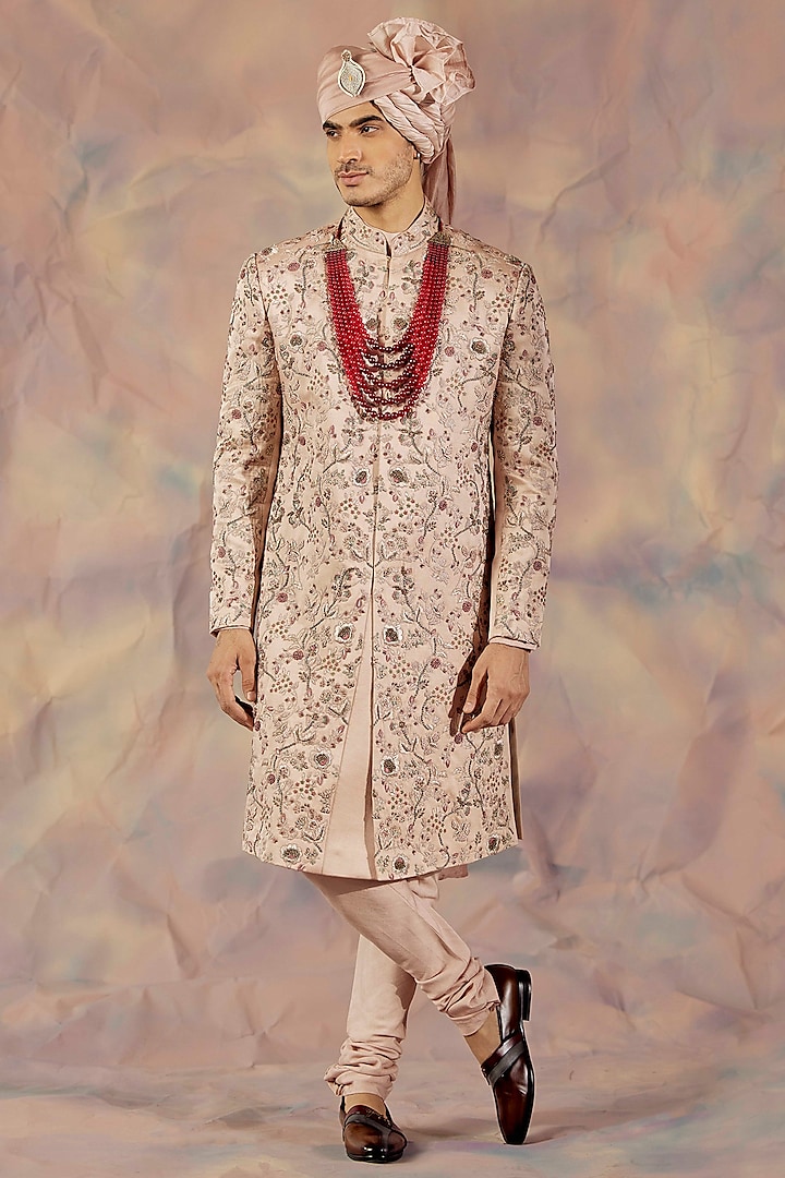 Blush Pink Silk Embroidered Sherwani Set by Jatin Malik