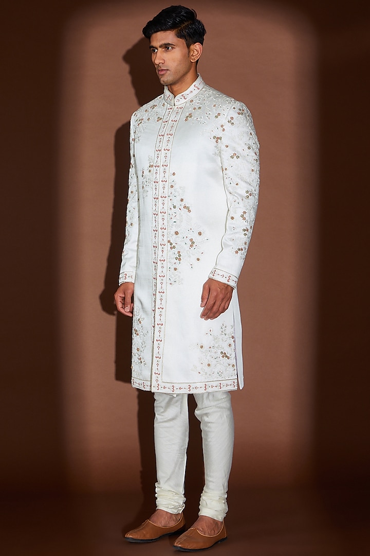 White Silk Embroidered Sherwani Set by Jatin Malik
