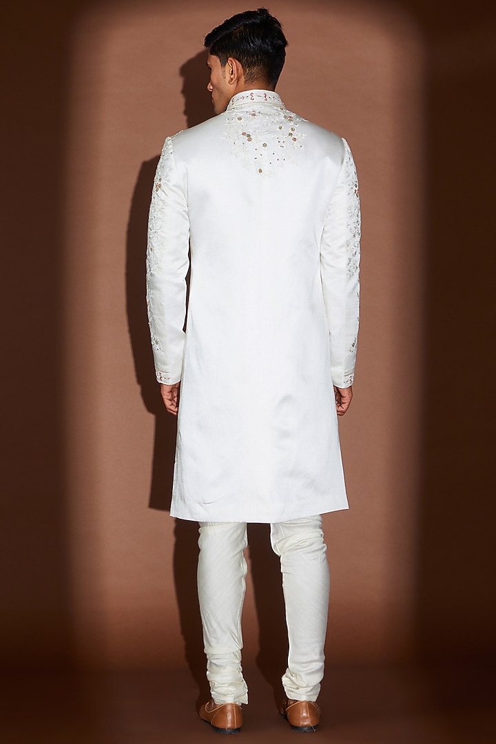 White Silk Embroidered Groom Sherwani Set by Jatin Malik at Pernia's Pop Up Shop