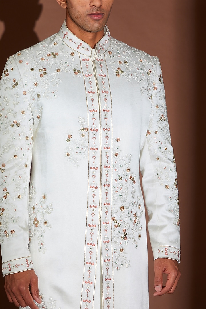 White Silk Embroidered Groom Sherwani Set by Jatin Malik at Pernia's Pop Up Shop