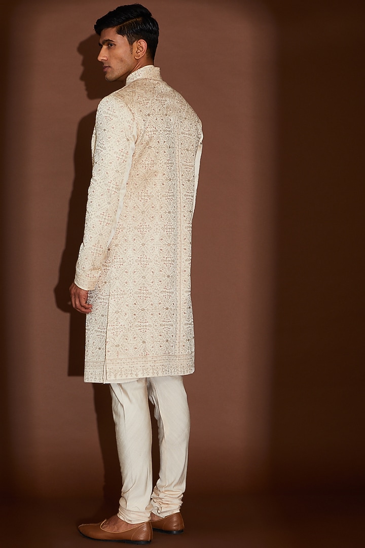 Beige Linen Silk Resham Embroidered Groom Sherwani Set by Jatin Malik at Pernia's Pop Up Shop