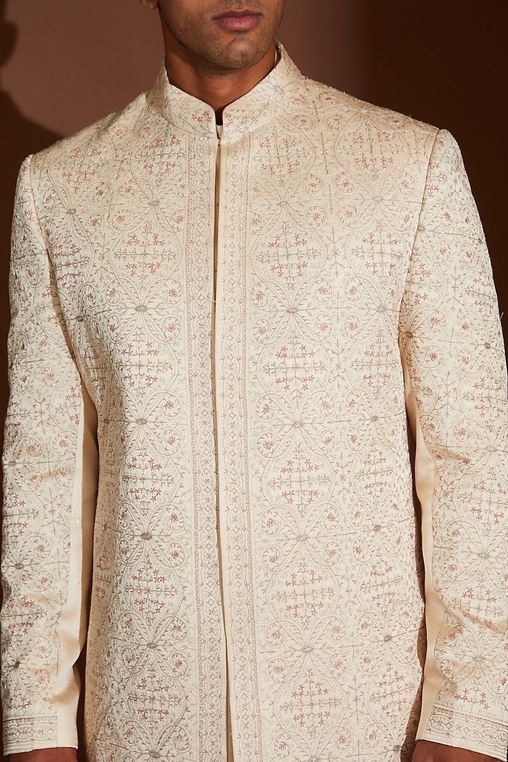 Beige Linen Silk Resham Embroidered Groom Sherwani Set by Jatin Malik at Pernia's Pop Up Shop