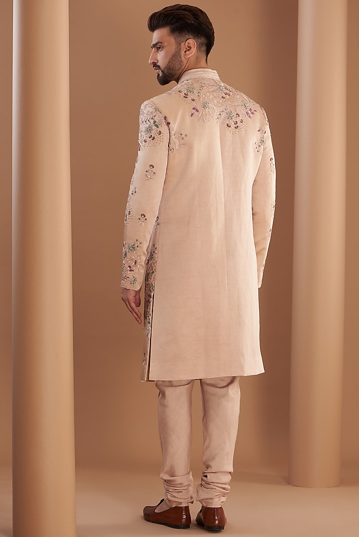 Champagne Pink Slub Silk Hand Embroidered Groom Sherwani Set by Jatin Malik at Pernia's Pop Up Shop