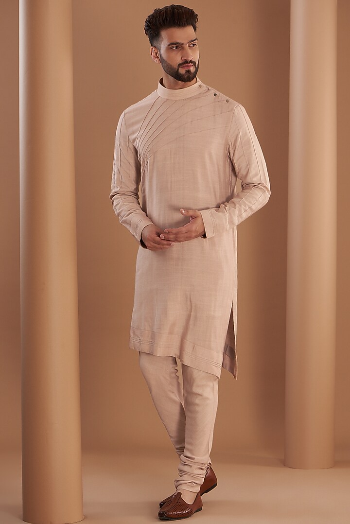 Champagne Pink Slub Silk Hand Embroidered Groom Sherwani Set by Jatin Malik at Pernia's Pop Up Shop