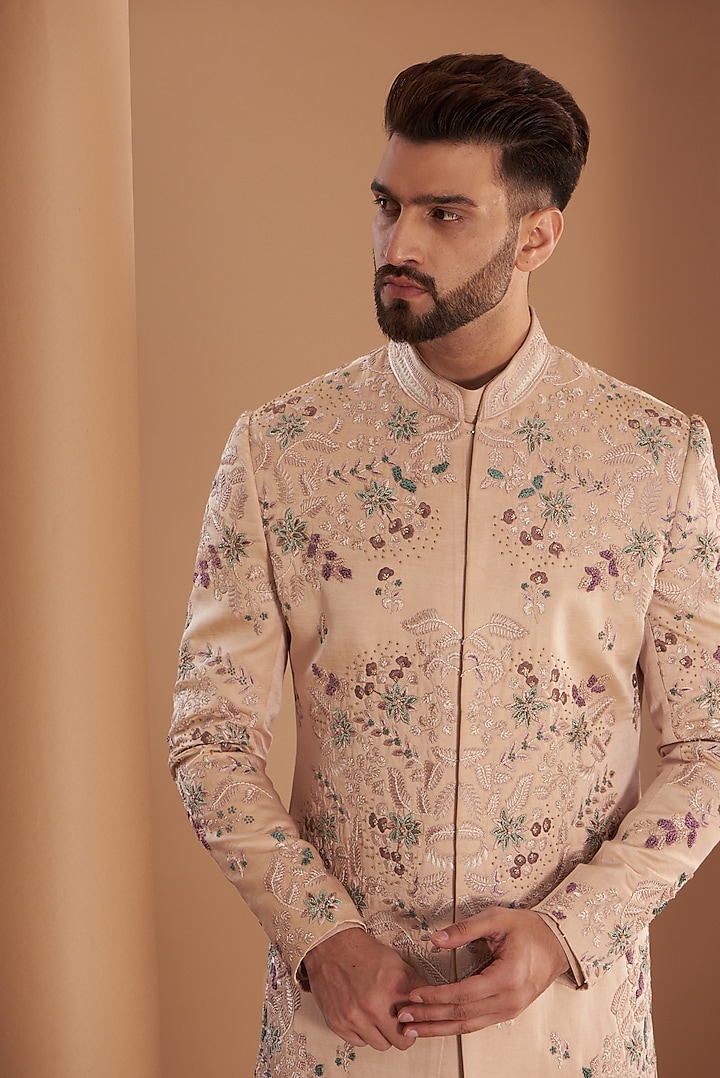 Champagne Pink Slub Silk Hand Embroidered Groom Sherwani Set by Jatin Malik at Pernia's Pop Up Shop