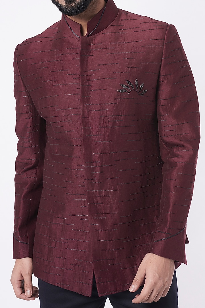Wine Linen Silk Wedding Bandhgala Jacket by Jatin Malik at Pernia's Pop Up Shop