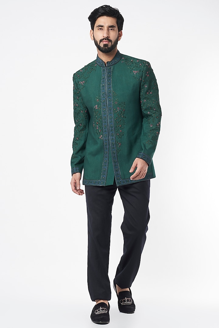 Teal Green Slub Silk Bandhgala Jacket by Jatin Malik