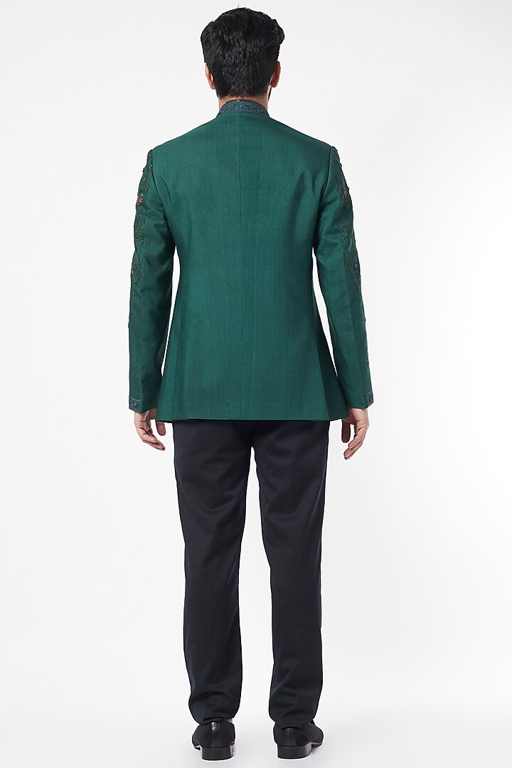 Teal Green Slub Silk Wedding Bandhgala Jacket by Jatin Malik at Pernia's Pop Up Shop