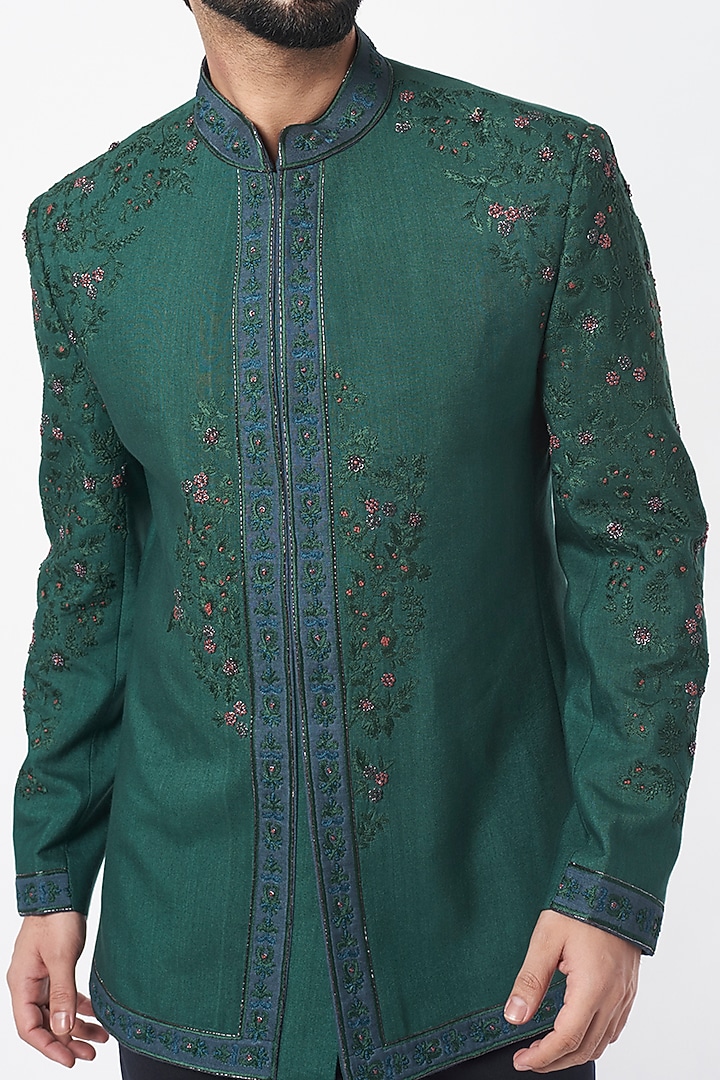Teal Green Slub Silk Wedding Bandhgala Jacket by Jatin Malik at Pernia's Pop Up Shop