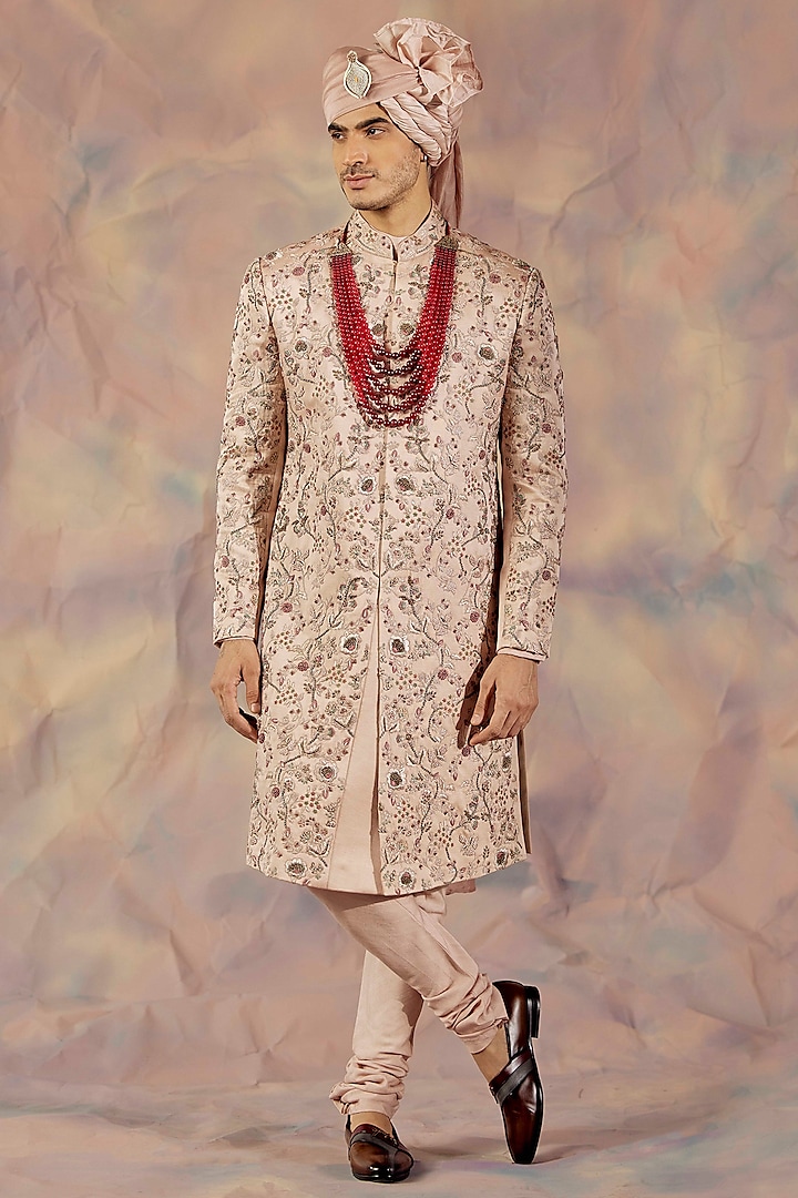 Blush Pink Linen Silk Hand Embroidered Sherwani Set by Jatin Malik