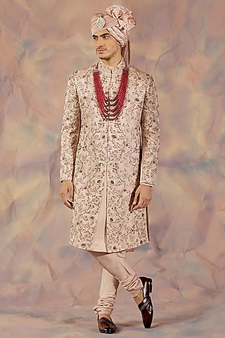 Blush Pink Linen Silk Hand Embroidered Sherwani Set by Jatin Malik