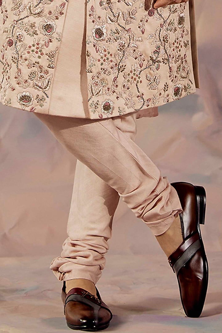 Blush Pink Linen Silk Hand Embroidered Sherwani Set by Jatin Malik at Pernia's Pop Up Shop