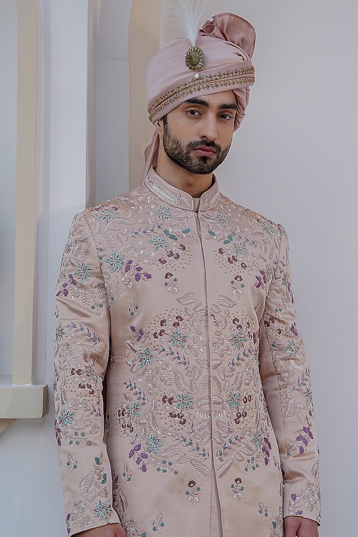 Blush Pink Linen Silk Hand Embroidered Sherwani Set by Jatin Malik at Pernia's Pop Up Shop