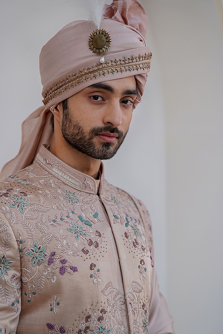 Blush Pink Linen Silk Hand Embroidered Sherwani Set by Jatin Malik at Pernia's Pop Up Shop