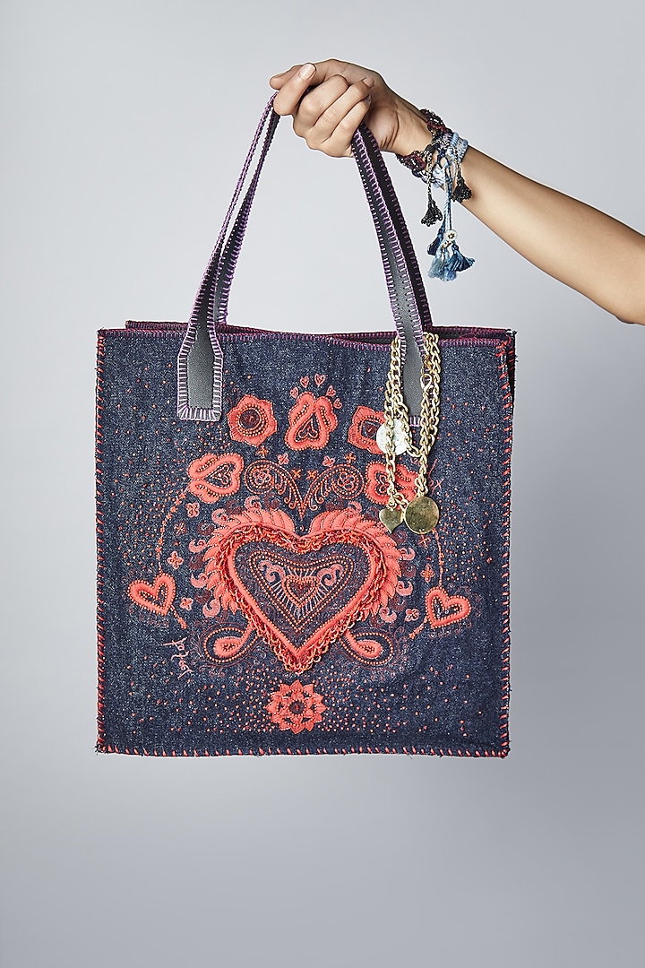 Blue Denim Embellished Tote Bag by Jade by Monica and Karishma Accessories