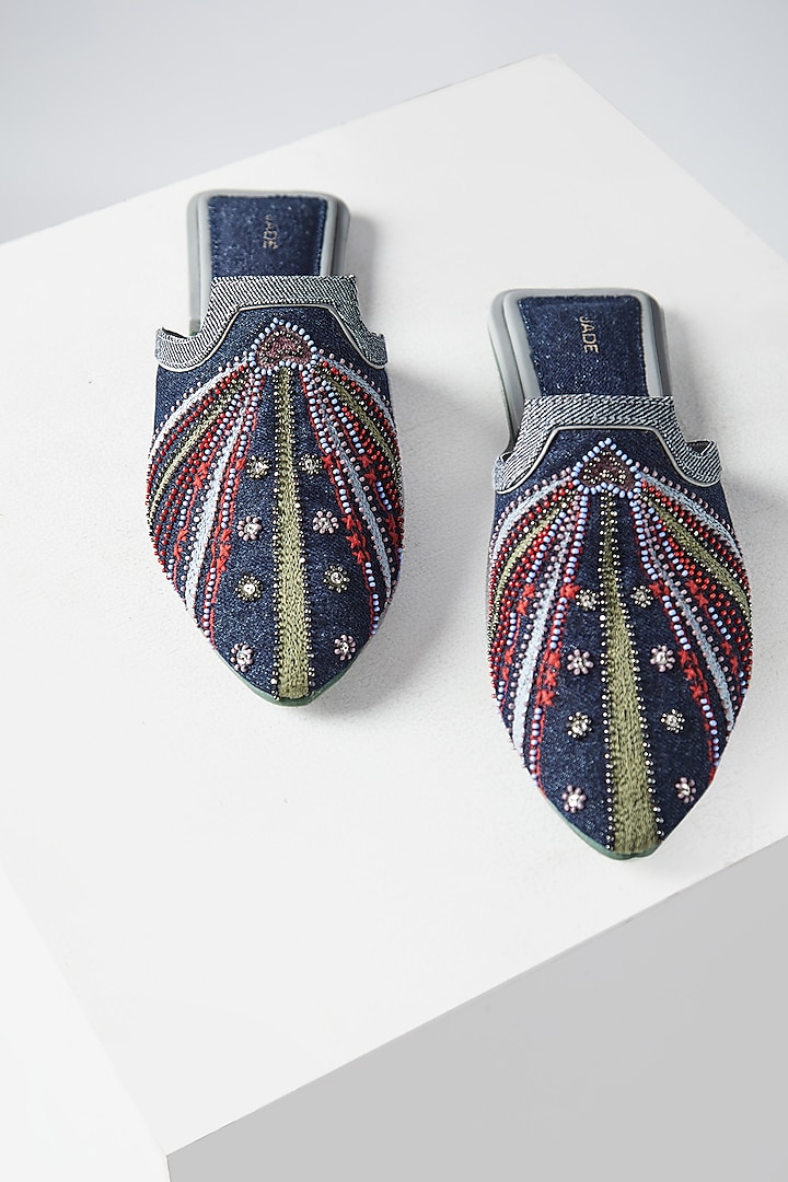 Blue Denim Embroidered Mules by Jade by Monica and Karishma Accessories
