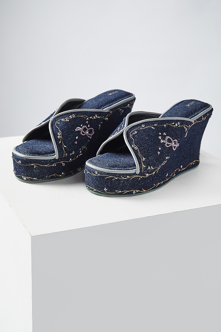Blue Embroidered Wedges by Jade by Monica and Karishma Accessories