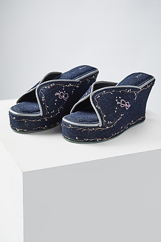 Blue Embroidered Wedges by Jade by Monica and Karishma Accessories