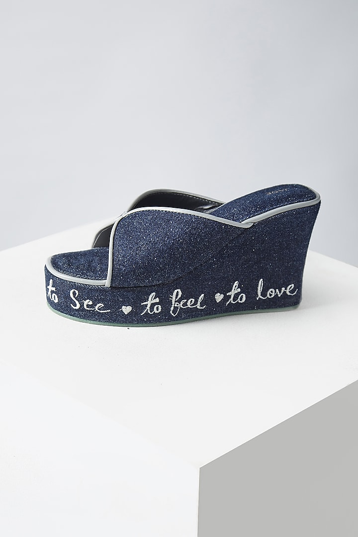 Blue Denim Embroidered Wedges by Jade by Monica and Karishma Accessories