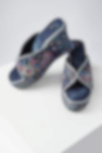 Blue Denim Embroidered Wedges by Jade by Monica and Karishma Accessories
