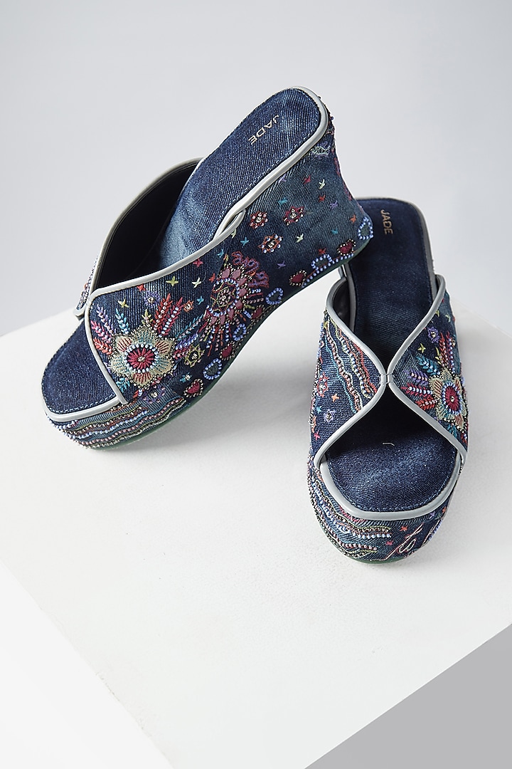 Blue Denim Embroidered Wedges by Jade by Monica and Karishma Accessories