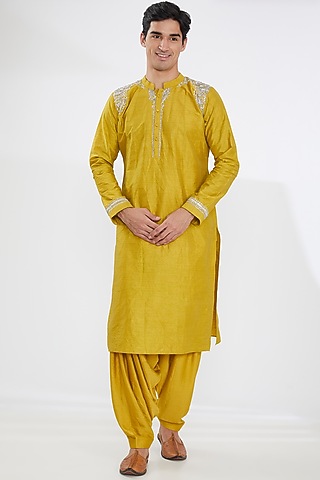 Mustard Silk Embroidered Kurta Set by Joy Mitra Men