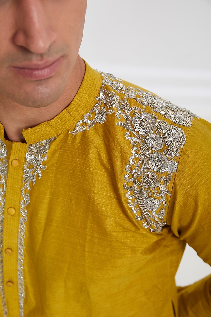 Mustard Silk Embroidered Kurta Set by Joy Mitra Men at Pernia's Pop Up Shop