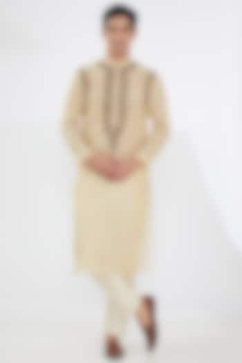 Beige Chanderi Embroidered Kurta Set by Joy Mitra Men