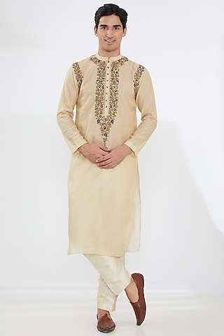 Beige Chanderi Embroidered Kurta Set by Joy Mitra Men
