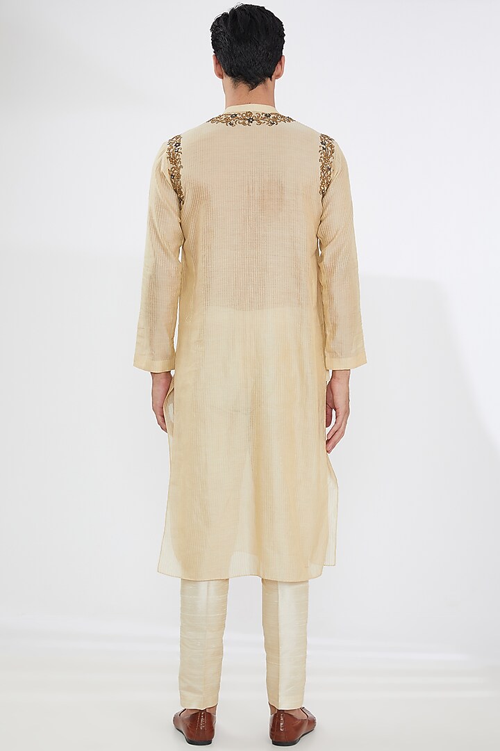Beige Chanderi Embroidered Kurta Set by Joy Mitra Men at Pernia's Pop Up Shop