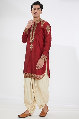 Red Silk Embroidered Kurta Set by Joy Mitra Men