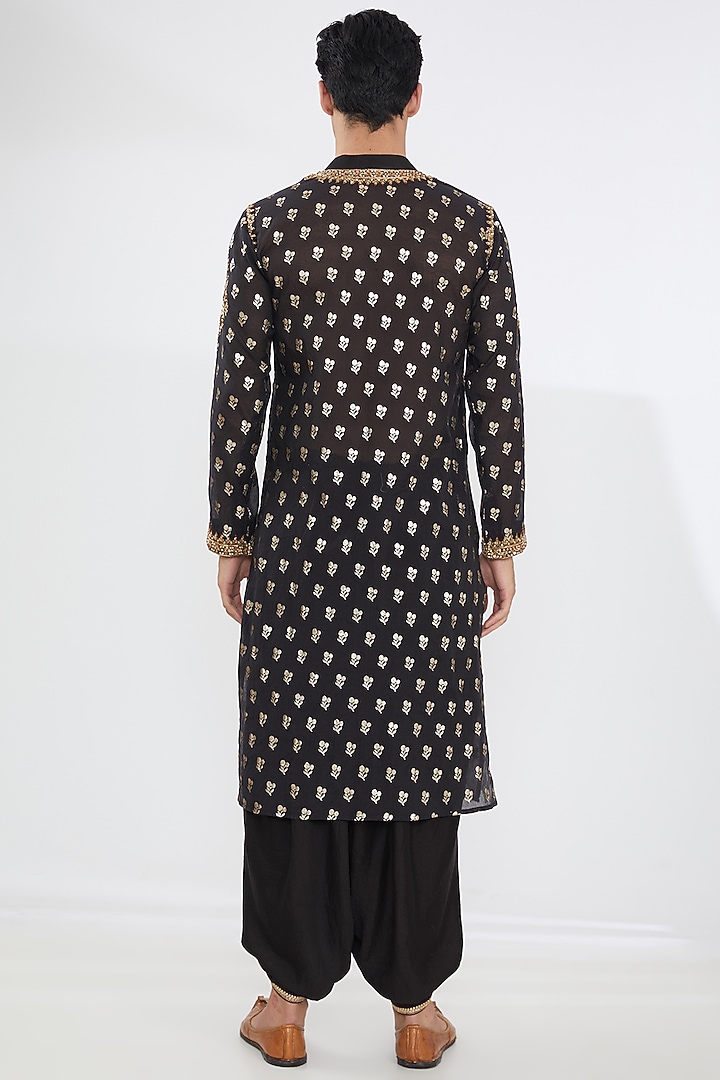 Black Brocade Embroidered Kurta Set by Joy Mitra Men at Pernia's Pop Up Shop