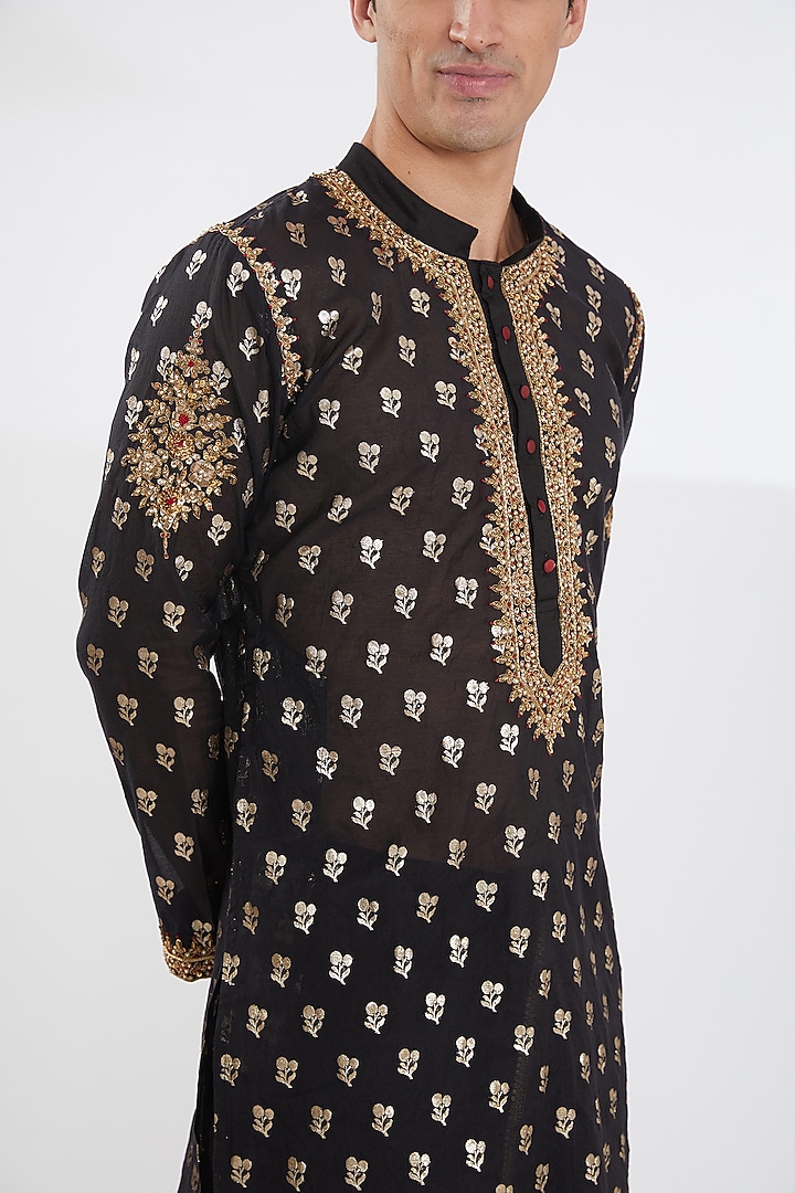 Black Brocade Embroidered Kurta Set by Joy Mitra Men at Pernia's Pop Up Shop