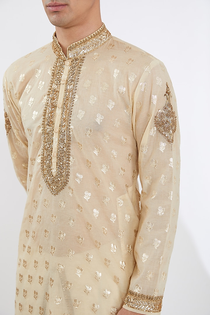 Cream & Gold Brocade Embroidered Kurta Set by Joy Mitra Men at Pernia's Pop Up Shop