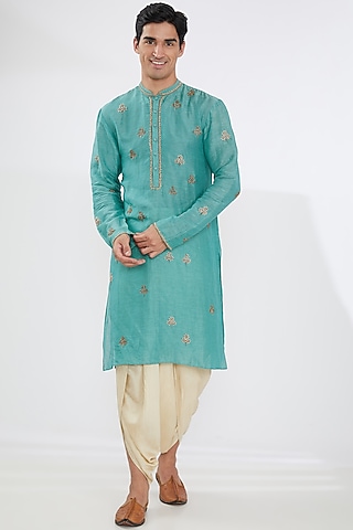 Turquoise Linen Embroidered Kurta Set by Joy Mitra Men