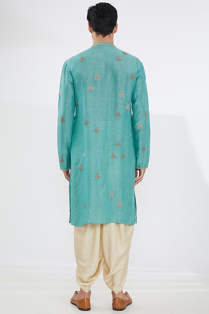 Turquoise Linen Embroidered Kurta Set by Joy Mitra Men at Pernia's Pop Up Shop